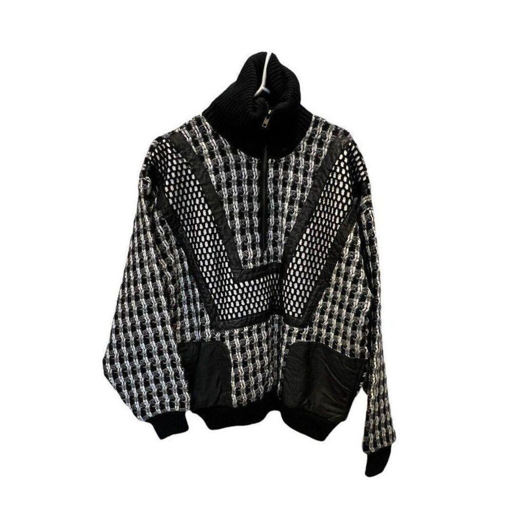 First Class Mens Medium Retro Vintage Genuine Leather Trim Thick Knit Sweater